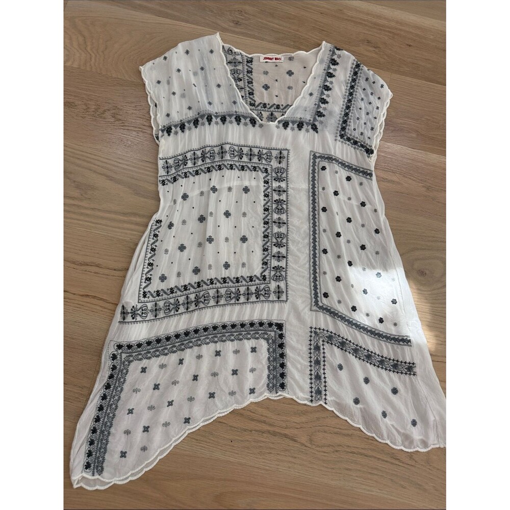 Johnny Was Embroidered Sheer Scalloped Tunic Top White Blue Geo Floral Size Smal